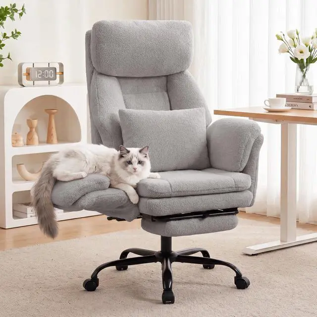 Main image of Big and Tall Executive Office Chair with Foot Rest,Reclining | Extra Wide Seat Desk Chairwith Flip Armrest,Lumbar Pillow,for Pets Sitting,Comfy Criss Cross Legged Chair,Teddy Light Grey