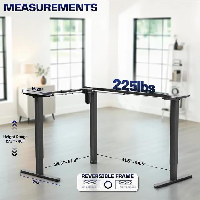 Alt view image 3 of 7 - Black Electric Corner 3 Leg Standing Desk Frame, DESK-E347B | Space Efficient, Single Motor, Height Adjustable, L-Shaped, Holds 225 lbs, Sit Stand Base, Standing Desk Legs Only