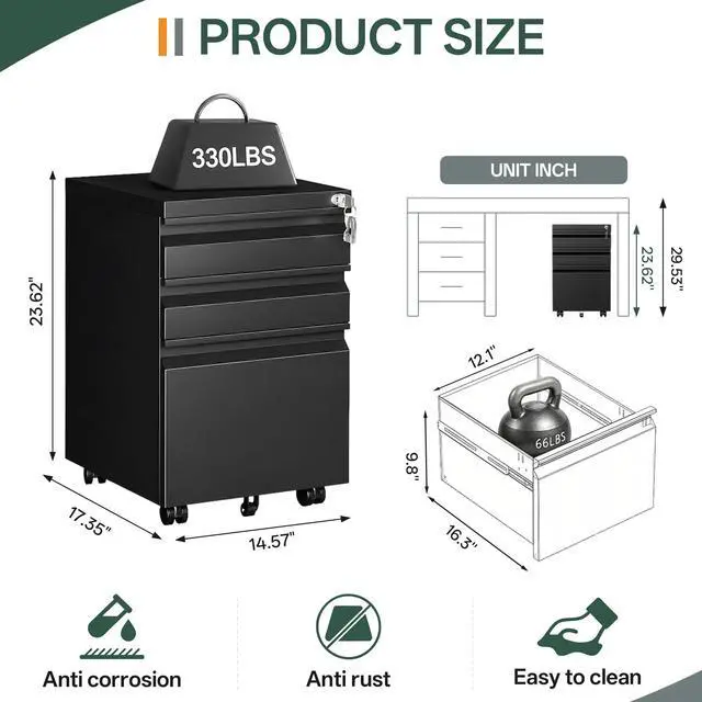 Alt view image 3 of 7 - 3 Drawer Mobile File Cabinet with Lock, Fully Assembled | Under Desk Metal Filing Cabinet for Home Office Organization, Fits Letter/Legal/A4