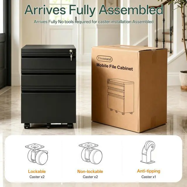 Alt view image 4 of 7 - 3 Drawer Mobile File Cabinet with Lock, Fully Assembled | Under Desk Metal Filing Cabinet for Home Office Organization, Fits Letter/Legal/A4