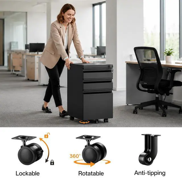 Alt view image 7 of 7 - 3 Drawer Mobile File Cabinet with Lock, Fully Assembled | Under Desk Metal Filing Cabinet for Home Office Organization, Fits Letter/Legal/A4