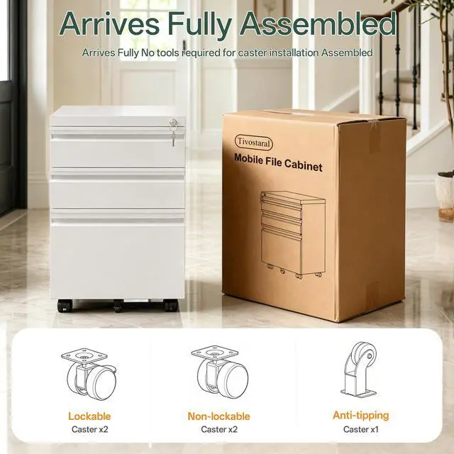 Alt view image 6 of 7 - 3 Drawer Mobile File Cabinet with Lock, Fully Assembled | Under Desk Metal Filing Cabinet for Home Office Organization, Fits Letter/Legal/A4