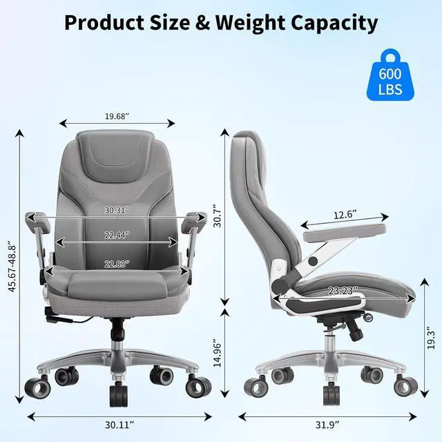 Alt view image 2 of 7 - Big and Tall Office Chair with 5D Arms, Fabric & PU Leather Heavy Duty Desk Chair, Adjustable Lumbar Support & Height, Tilt Function, High Back Ergonomic Executive Computer Chair