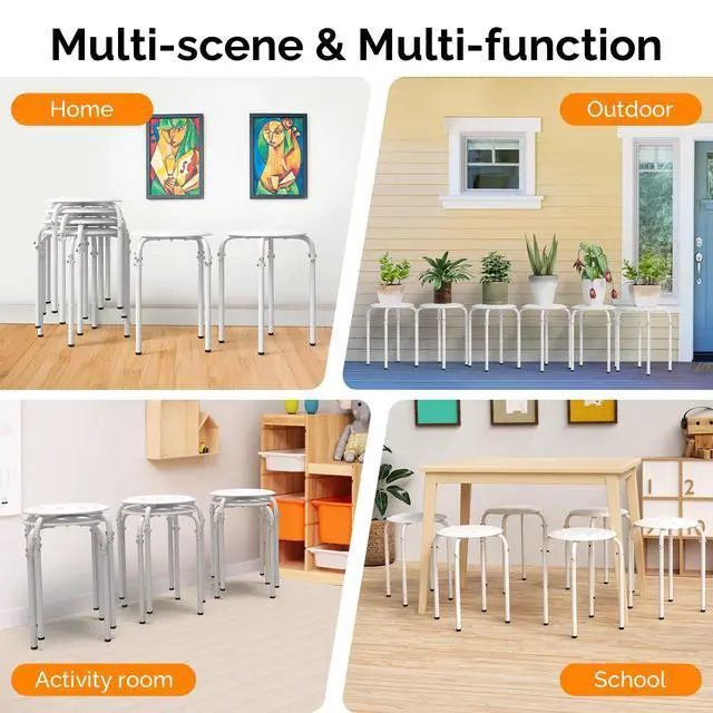 Alt view image 5 of 5 - 6 Pack Round Plastic Stackable Stools for Home Office, White | Space-saving, Portable Nesting Stool, Multi-purpose Stacking Stools, Indoor Outdoor Decor, Decorative Stool for Home