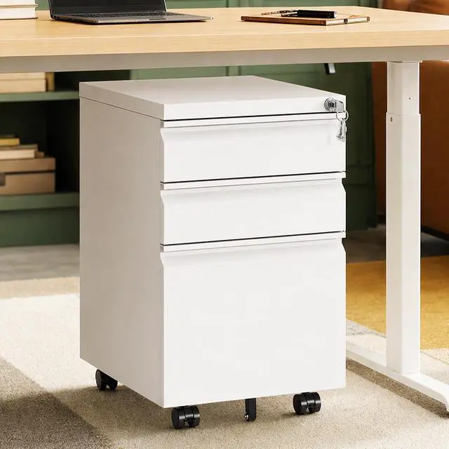Main image of 3 Drawer Small Under Desk Rolling File Cabinet with Lock for Home Office | Fully Assembled,Central Locking System,Metal,Pencil Tray,Hanging File Bar,Anti-Tipping Caster