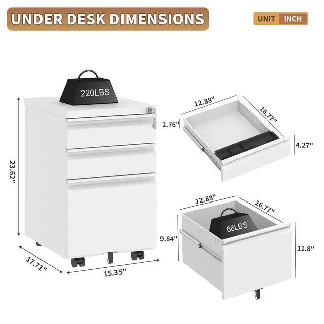 Alt view image 2 of 7 - 3 Drawer Small Under Desk Rolling File Cabinet with Lock for Home Office | Fully Assembled,Central Locking System,Metal,Pencil Tray,Hanging File Bar,Anti-Tipping Caster