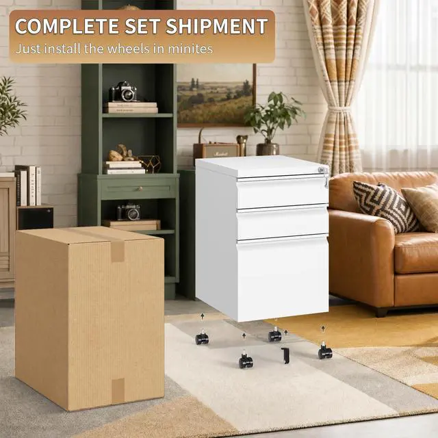 Alt view image 6 of 7 - 3 Drawer Small Under Desk Rolling File Cabinet with Lock for Home Office | Fully Assembled,Central Locking System,Metal,Pencil Tray,Hanging File Bar,Anti-Tipping Caster
