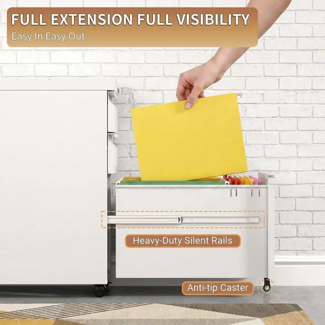 Alt view image 5 of 7 - 3 Drawer Small Under Desk Rolling File Cabinet with Lock for Home Office | Fully Assembled,Central Locking System,Metal,Pencil Tray,Hanging File Bar,Anti-Tipping Caster