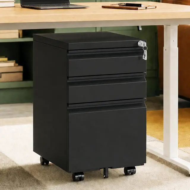 Main image of 3 Drawer Small Under Desk Rolling File Cabinet with Lock for Home Office | Fully Assembled,Central Locking System,Metal,Pencil Tray,Hanging File Bar,Anti-Tipping Caster