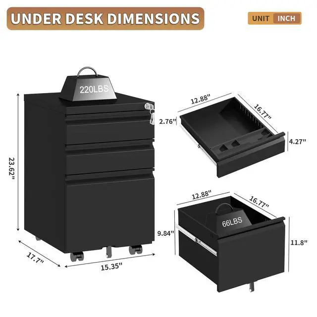 Alt view image 2 of 7 - 3 Drawer Small Under Desk Rolling File Cabinet with Lock for Home Office | Fully Assembled,Central Locking System,Metal,Pencil Tray,Hanging File Bar,Anti-Tipping Caster