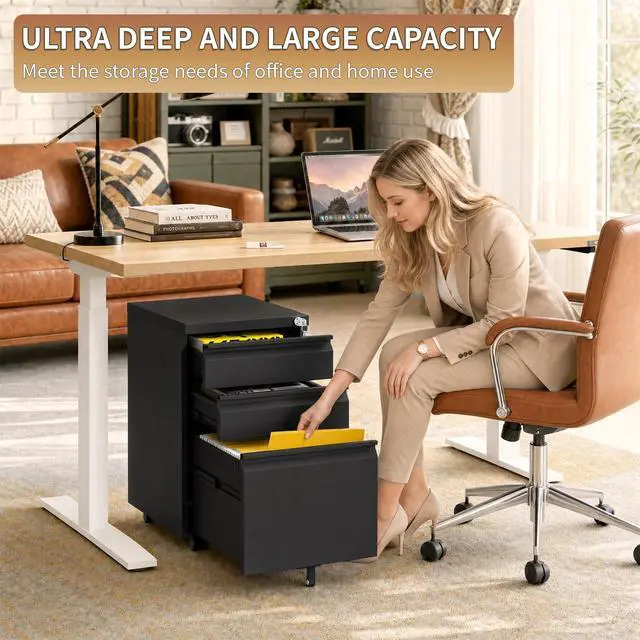Alt view image 3 of 7 - 3 Drawer Small Under Desk Rolling File Cabinet with Lock for Home Office | Fully Assembled,Central Locking System,Metal,Pencil Tray,Hanging File Bar,Anti-Tipping Caster