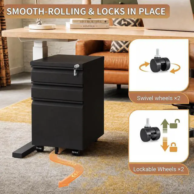 Alt view image 4 of 7 - 3 Drawer Small Under Desk Rolling File Cabinet with Lock for Home Office | Fully Assembled,Central Locking System,Metal,Pencil Tray,Hanging File Bar,Anti-Tipping Caster