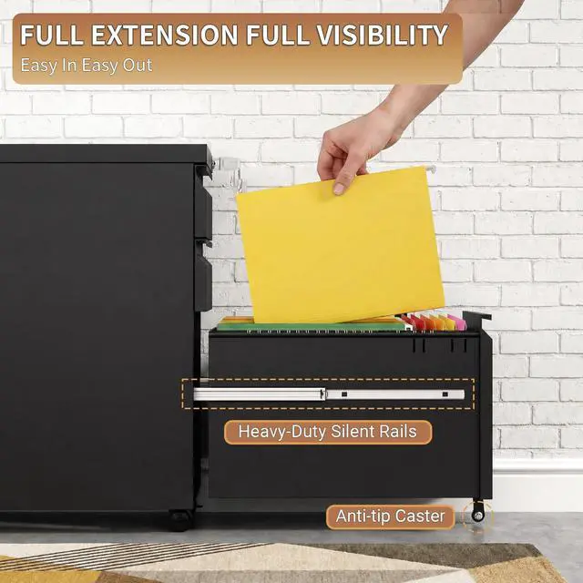 Alt view image 5 of 7 - 3 Drawer Small Under Desk Rolling File Cabinet with Lock for Home Office | Fully Assembled,Central Locking System,Metal,Pencil Tray,Hanging File Bar,Anti-Tipping Caster