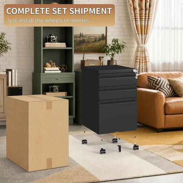 Alt view image 6 of 7 - 3 Drawer Small Under Desk Rolling File Cabinet with Lock for Home Office | Fully Assembled,Central Locking System,Metal,Pencil Tray,Hanging File Bar,Anti-Tipping Caster