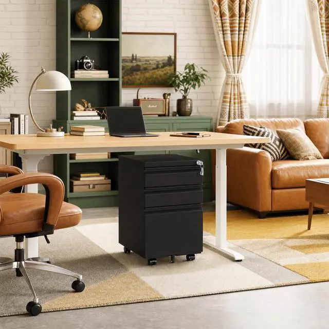 Alt view image 7 of 7 - 3 Drawer Small Under Desk Rolling File Cabinet with Lock for Home Office | Fully Assembled,Central Locking System,Metal,Pencil Tray,Hanging File Bar,Anti-Tipping Caster