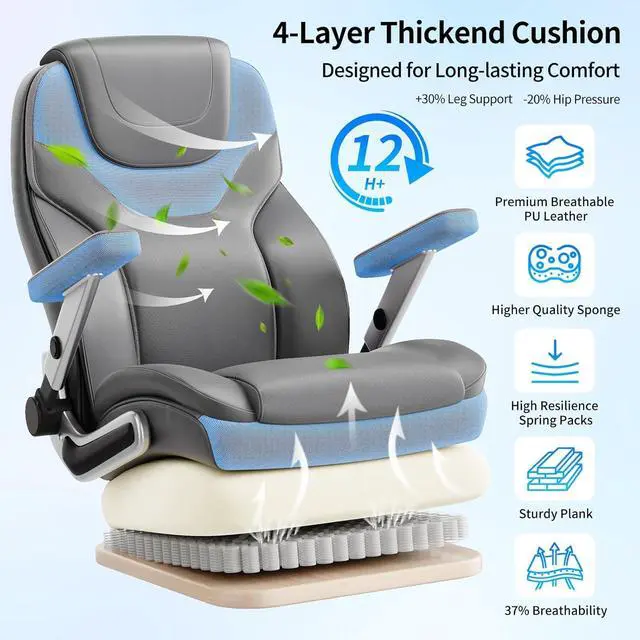 Alt view image 5 of 7 - Big and Tall Office Chair with 5D Arms, Fabric & PU Leather Heavy Duty Desk Chair, Adjustable Lumbar Support & Height, Tilt Function, High Back Ergonomic Executive Computer Chair