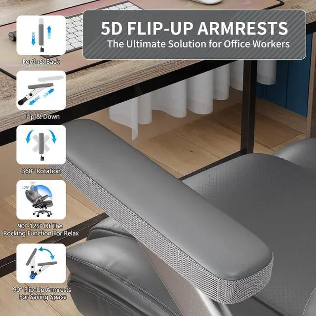 Alt view image 6 of 7 - Big and Tall Office Chair with 5D Arms, Fabric & PU Leather Heavy Duty Desk Chair, Adjustable Lumbar Support & Height, Tilt Function, High Back Ergonomic Executive Computer Chair