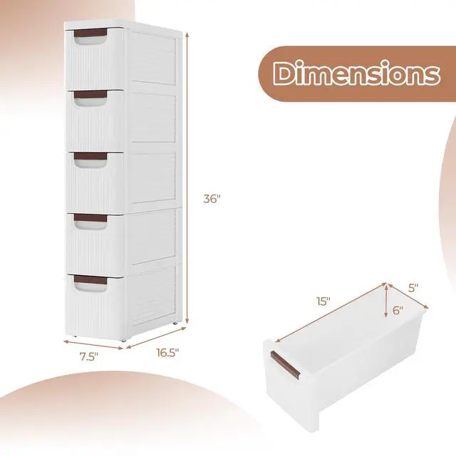 Alt view image 3 of 7 - 5 Drawers Storage Cart, Narrow Plastic Dresser, Rolling Organizer Cart for Office Classroom Bedroom Bathroom Art Craft Supplies, Mobile Slim Utility Cart on Wheels (7.5"x16.5"x36")