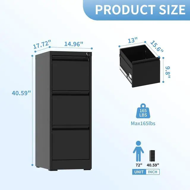 Alt view image 3 of 6 - 3 Drawer File Cabinet with Lock, Metal Filing Cabinets for Home Office, 18" Deep Vertical Storage Drawer for Hanging A4/Letter/Legal Size Files, Assembly Require