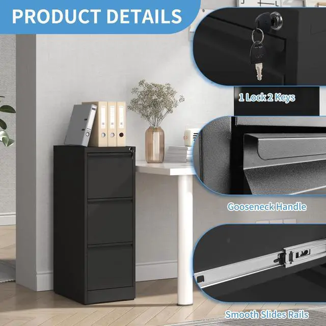 Alt view image 5 of 6 - 3 Drawer File Cabinet with Lock, Metal Filing Cabinets for Home Office, 18" Deep Vertical Storage Drawer for Hanging A4/Letter/Legal Size Files, Assembly Require