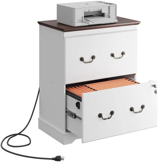 Main image of 2 Drawer File Cabinet with Charging Station & Lock, Wood Filing Cabinets for Home Office, Lateral Printer Stand for Office Storage, White