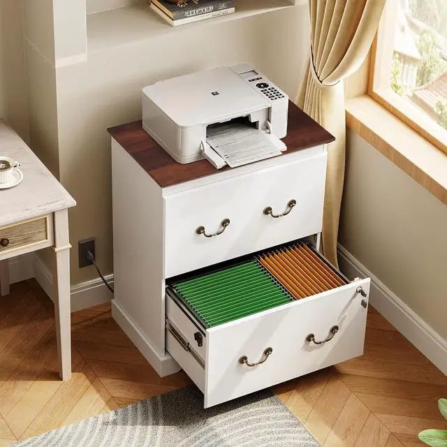 Alt view image 2 of 7 - 2 Drawer File Cabinet with Charging Station & Lock, Wood Filing Cabinets for Home Office, Lateral Printer Stand for Office Storage, White