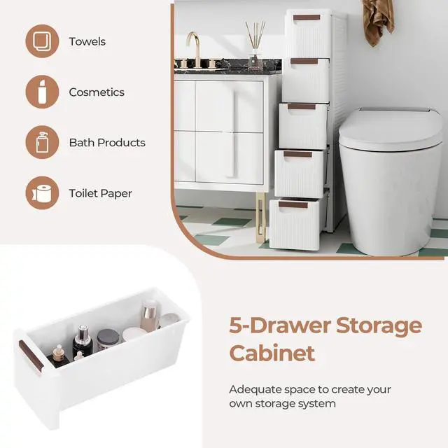 Alt view image 6 of 7 - 5 Drawers Storage Cart, Narrow Plastic Dresser, Rolling Organizer Cart for Office Classroom Bedroom Bathroom Art Craft Supplies, Mobile Slim Utility Cart on Wheels (7.5"x16.5"x36")