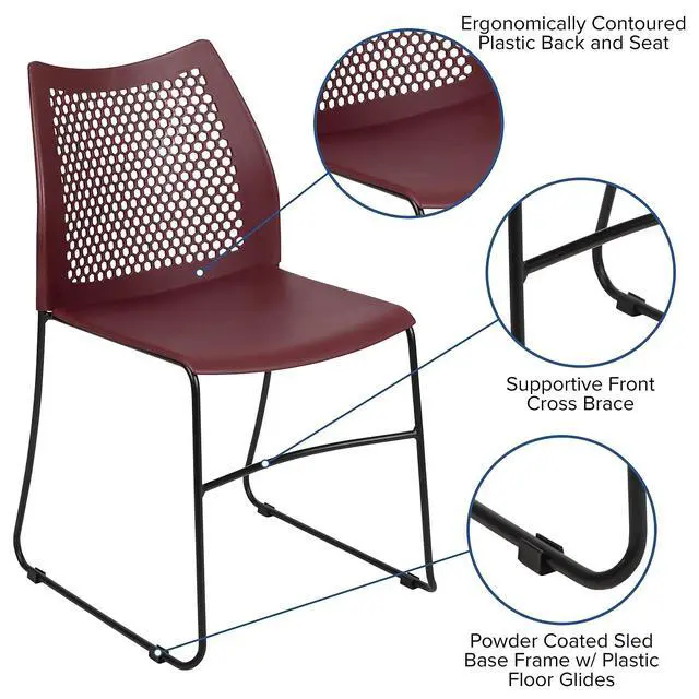 Alt view image 4 of 7 - Hercules Stack Chair with Air-Vent Back, Burgundy | Sled Base, Powder Coated, 661 LBS. Weight Capacity