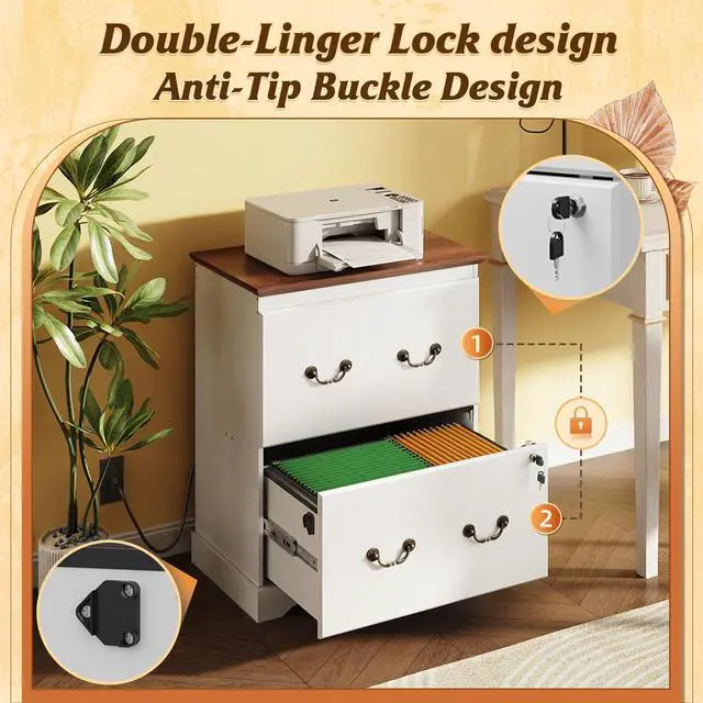 Alt view image 6 of 7 - 2 Drawer File Cabinet with Charging Station & Lock, Wood Filing Cabinets for Home Office, Lateral Printer Stand for Office Storage, White