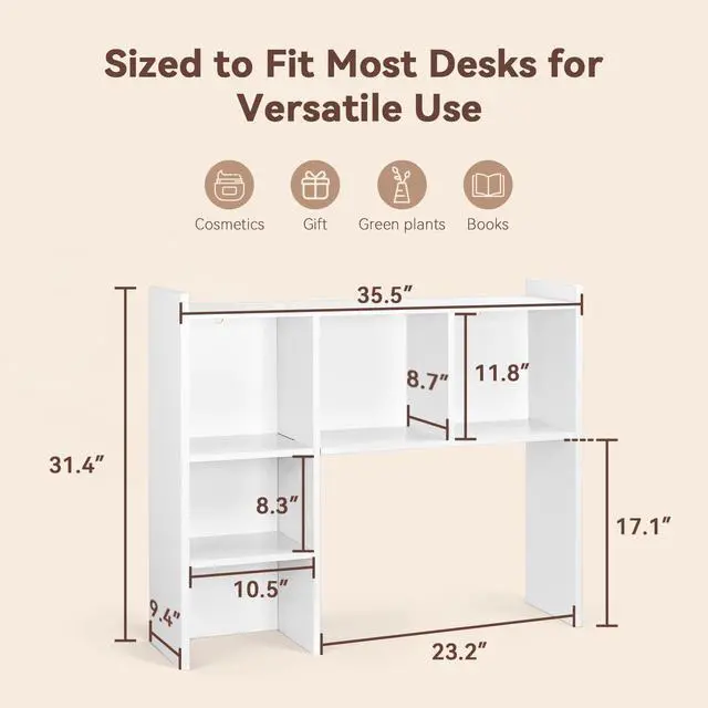 Alt view image 2 of 7 - 35.5" Dorm Desk Hutch White, Desktop Bookshelf with 5 Shelves | Multipurpose Desk Organizer for Dorm Office Home, 3-Tier Wooden Display Rack for Computer Desk