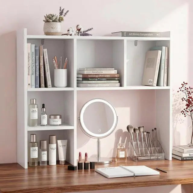Main image of 35.5" Dorm Desk Hutch White, Desktop Bookshelf with 5 Shelves | Multipurpose Desk Organizer for Dorm Office Home, 3-Tier Wooden Display Rack for Computer Desk
