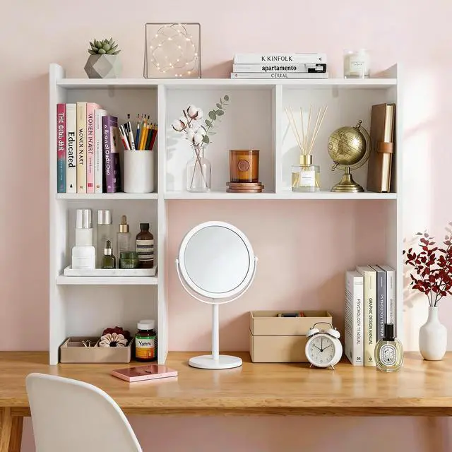 Alt view image 3 of 7 - 35.5" Dorm Desk Hutch White, Desktop Bookshelf with 5 Shelves | Multipurpose Desk Organizer for Dorm Office Home, 3-Tier Wooden Display Rack for Computer Desk