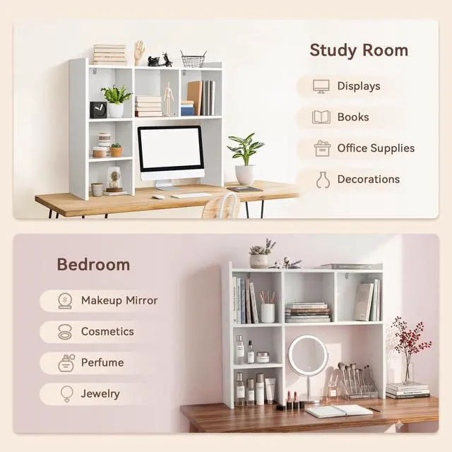 Alt view image 4 of 7 - 35.5" Dorm Desk Hutch White, Desktop Bookshelf with 5 Shelves | Multipurpose Desk Organizer for Dorm Office Home, 3-Tier Wooden Display Rack for Computer Desk