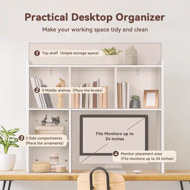 Alt view image 6 of 7 - 35.5" Dorm Desk Hutch White, Desktop Bookshelf with 5 Shelves | Multipurpose Desk Organizer for Dorm Office Home, 3-Tier Wooden Display Rack for Computer Desk