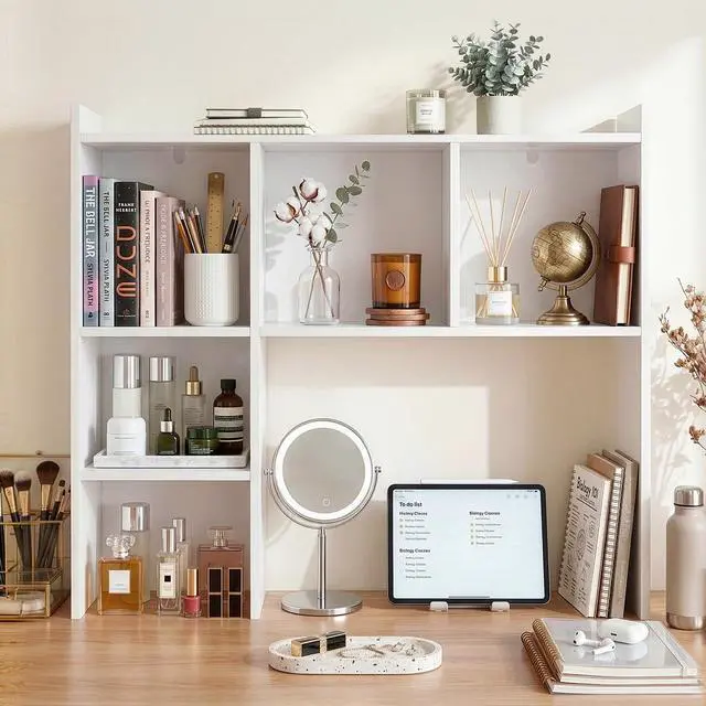 Alt view image 7 of 7 - 35.5" Dorm Desk Hutch White, Desktop Bookshelf with 5 Shelves | Multipurpose Desk Organizer for Dorm Office Home, 3-Tier Wooden Display Rack for Computer Desk