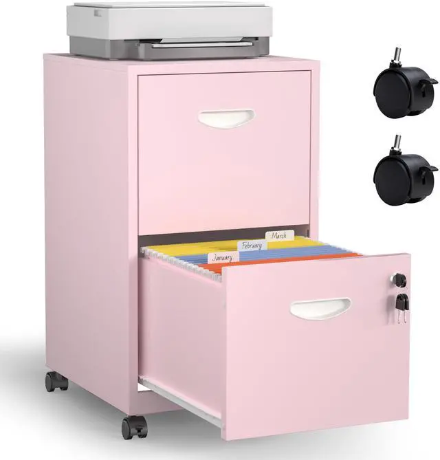 Main image of Metal 2 Drawer File Cabinet with Lock & Wheels for Office, Pink | Small Mobile File Cabinets for Home Office, Under Desk Vertical Rolling File Cabinet Fit Hanging Files, Letter & A4 Documents