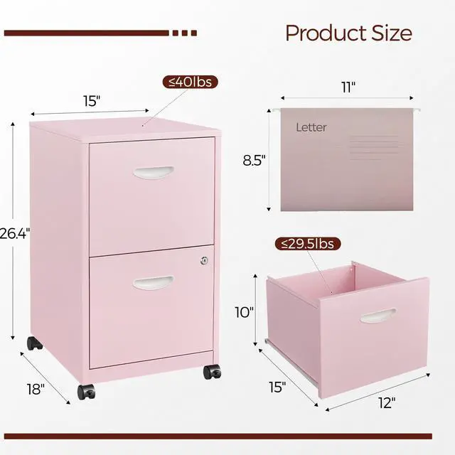 Alt view image 3 of 7 - Metal 2 Drawer File Cabinet with Lock & Wheels for Office, Pink | Small Mobile File Cabinets for Home Office, Under Desk Vertical Rolling File Cabinet Fit Hanging Files, Letter & A4 Documents