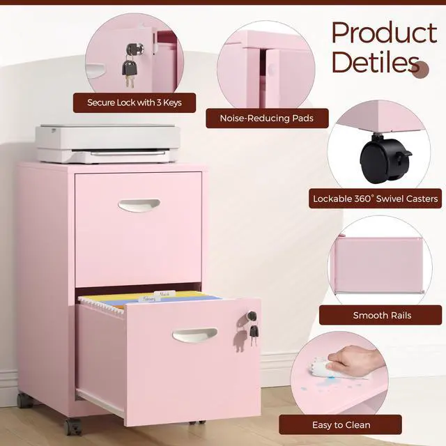 Alt view image 4 of 7 - Metal 2 Drawer File Cabinet with Lock & Wheels for Office, Pink | Small Mobile File Cabinets for Home Office, Under Desk Vertical Rolling File Cabinet Fit Hanging Files, Letter & A4 Documents
