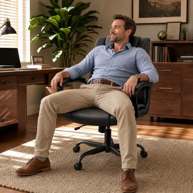 Alt view image 2 of 7 - Mid Back Executive Office Chair Swivel Computer Task Chair with Armrests,Ergonomic Leather-Padded Desk Chair with Lumbar Support