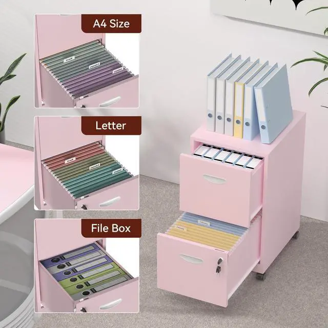 Alt view image 5 of 7 - Metal 2 Drawer File Cabinet with Lock & Wheels for Office, Pink | Small Mobile File Cabinets for Home Office, Under Desk Vertical Rolling File Cabinet Fit Hanging Files, Letter & A4 Documents