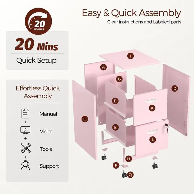 Alt view image 6 of 7 - Metal 2 Drawer File Cabinet with Lock & Wheels for Office, Pink | Small Mobile File Cabinets for Home Office, Under Desk Vertical Rolling File Cabinet Fit Hanging Files, Letter & A4 Documents
