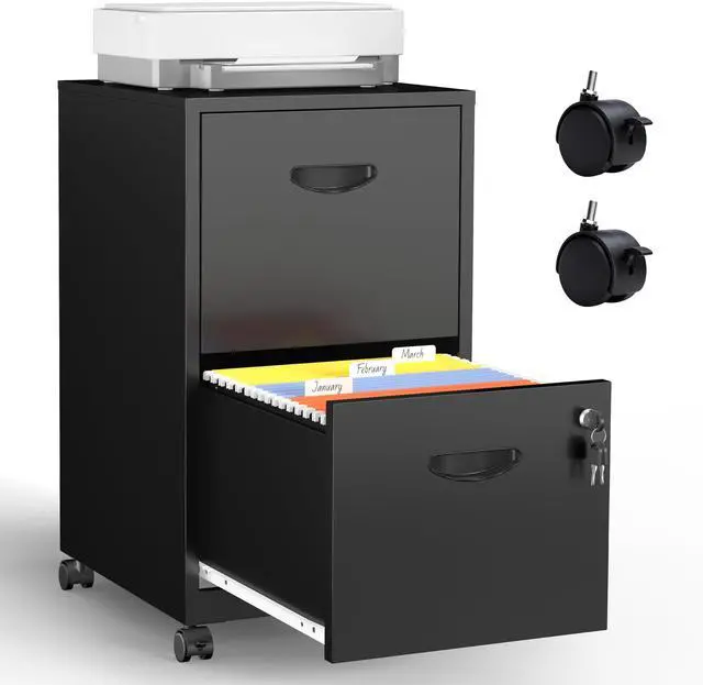 Main image of Metal 2 Drawer File Cabinet with Lock & Wheels for Office,Black | Small Mobile File Cabinets for Home Office, Under Desk Vertical Rolling File Cabinet Fit Hanging Files, Letter & A4 Documents