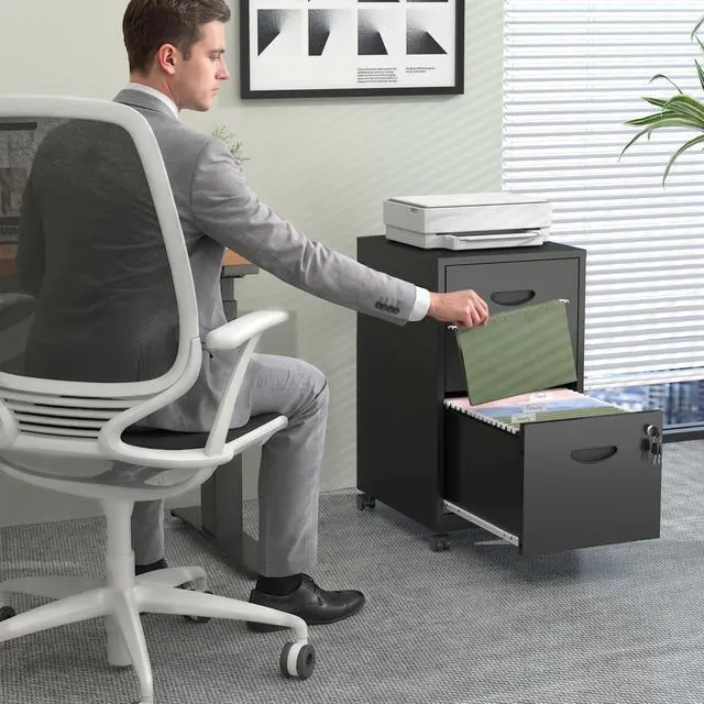 Alt view image 2 of 7 - Metal 2 Drawer File Cabinet with Lock & Wheels for Office,Black | Small Mobile File Cabinets for Home Office, Under Desk Vertical Rolling File Cabinet Fit Hanging Files, Letter & A4 Documents