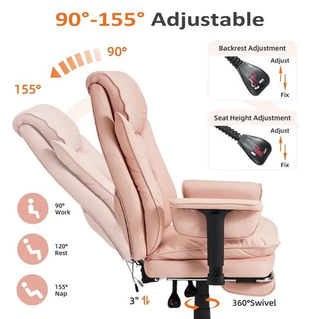 Alt view image 5 of 7 - Massage Office Chair with Heat & Lumbar Support, 155° Reclining Executive Chair, 4-Point Vibration, Ergonomic High Back Desk Chair with Adjustable Armrests for Home Office, Pink