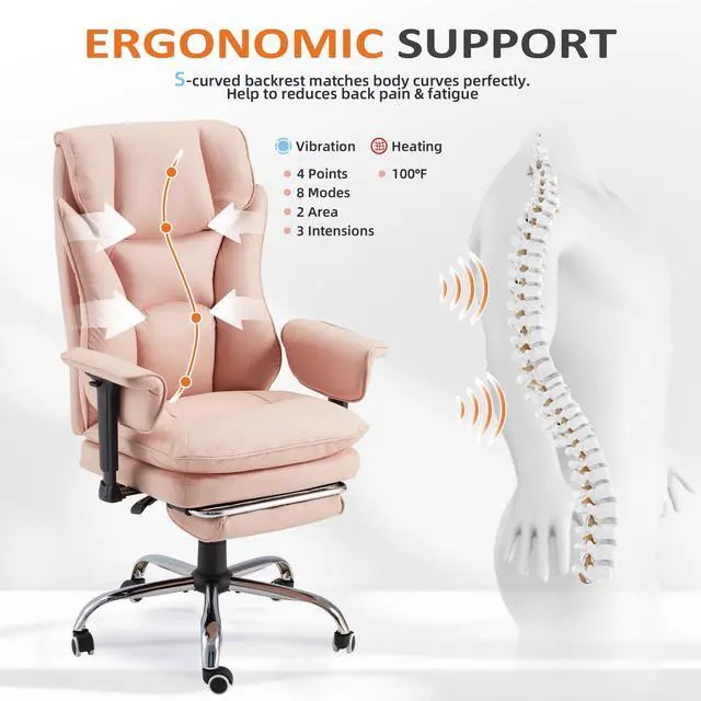 Alt view image 6 of 7 - Massage Office Chair with Heat & Lumbar Support, 155° Reclining Executive Chair, 4-Point Vibration, Ergonomic High Back Desk Chair with Adjustable Armrests for Home Office, Pink