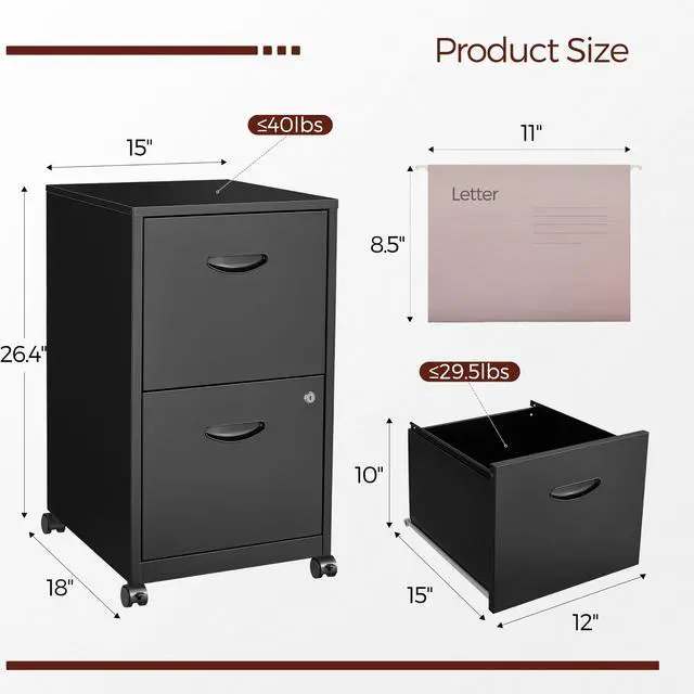 Alt view image 3 of 7 - Metal 2 Drawer File Cabinet with Lock & Wheels for Office,Black | Small Mobile File Cabinets for Home Office, Under Desk Vertical Rolling File Cabinet Fit Hanging Files, Letter & A4 Documents