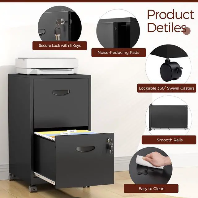 Alt view image 4 of 7 - Metal 2 Drawer File Cabinet with Lock & Wheels for Office,Black | Small Mobile File Cabinets for Home Office, Under Desk Vertical Rolling File Cabinet Fit Hanging Files, Letter & A4 Documents