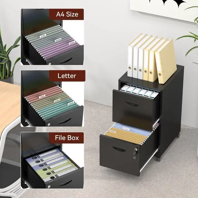 Alt view image 5 of 7 - Metal 2 Drawer File Cabinet with Lock & Wheels for Office,Black | Small Mobile File Cabinets for Home Office, Under Desk Vertical Rolling File Cabinet Fit Hanging Files, Letter & A4 Documents