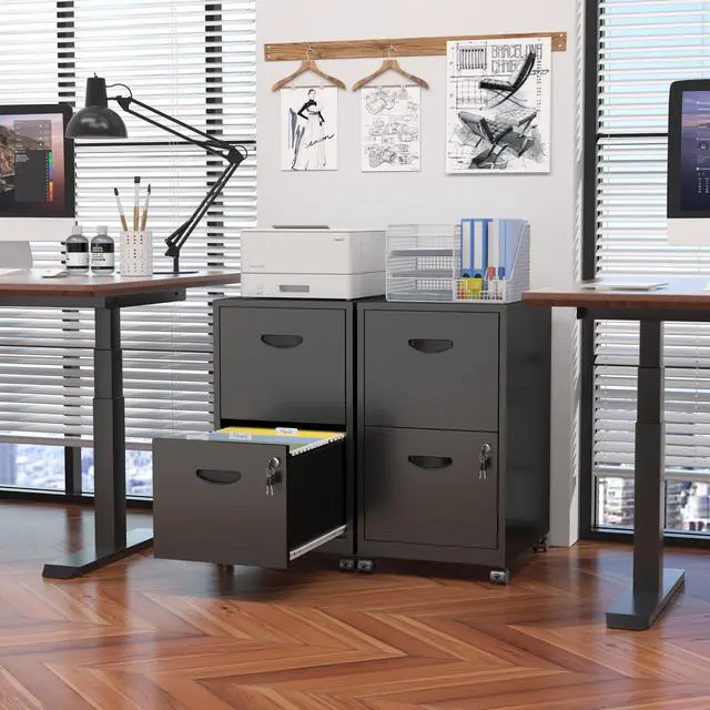 Alt view image 6 of 7 - Metal 2 Drawer File Cabinet with Lock & Wheels for Office,Black | Small Mobile File Cabinets for Home Office, Under Desk Vertical Rolling File Cabinet Fit Hanging Files, Letter & A4 Documents