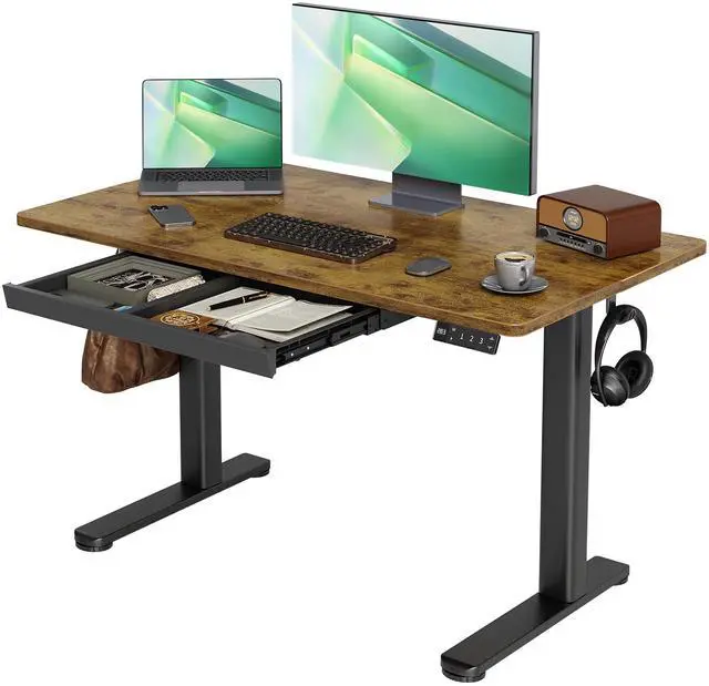 Main image of Electric Standing Desk with Drawers, 48 x 24 Inches Rustic Brown | Sturdy steel frame supports 176 Lbs, 25.6 x 11.8 Inches plastic drawer with 11 Lbs capacity